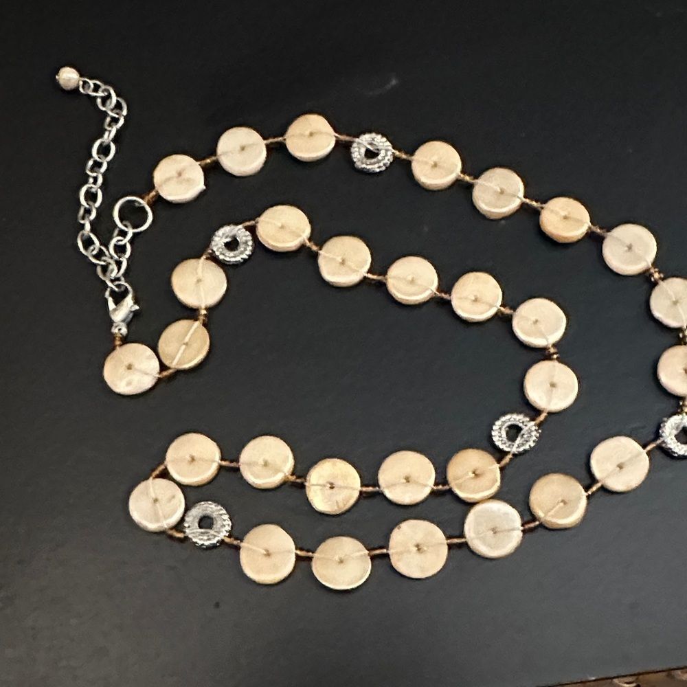 Natural round shell disk necklace with amber and silver accents